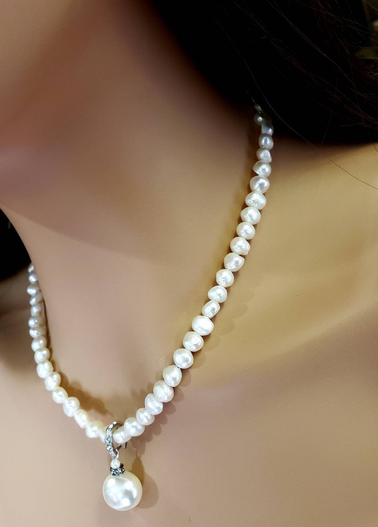 Natural Freshwater Pearl freeform oval with South SeaShell Pearl 12x15mm CZ Pendant Necklace plus 2" Extender, Bridal , party , elegant gift