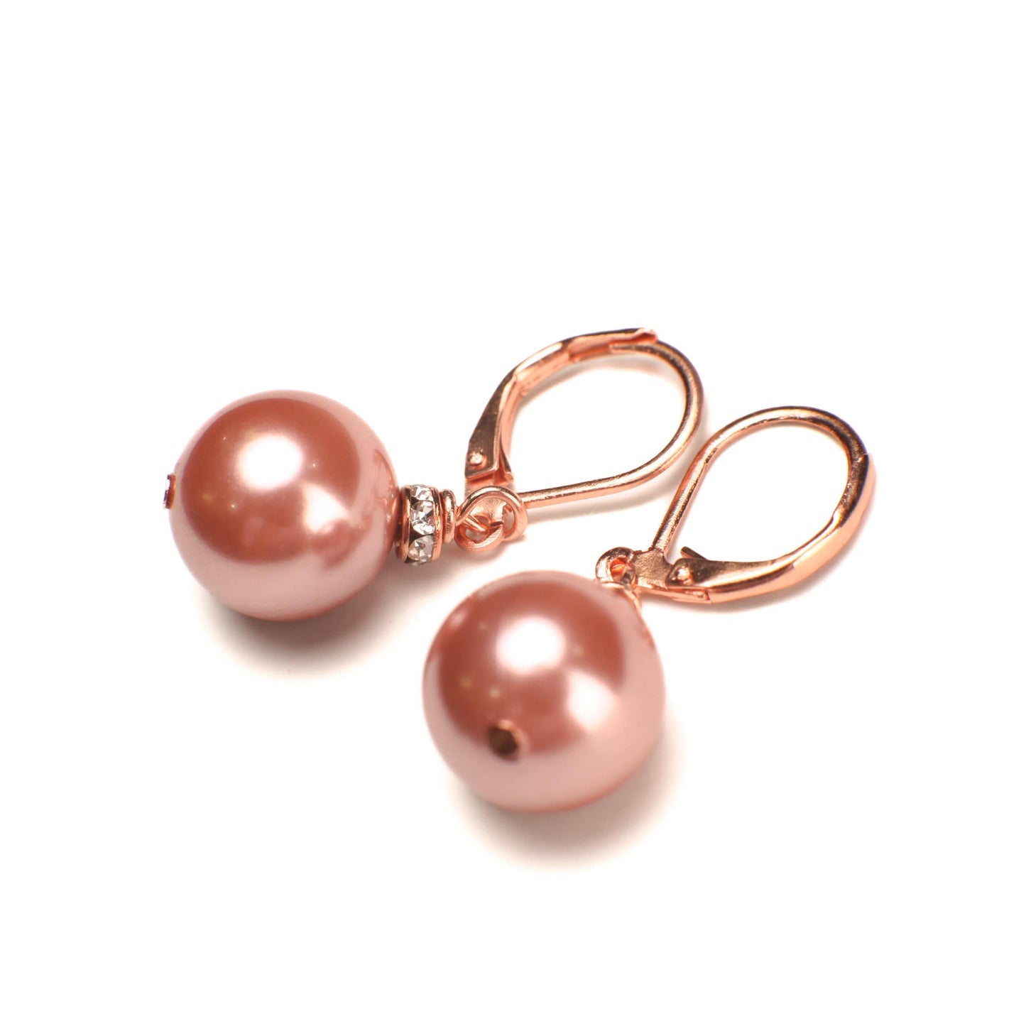 Copper Pink South Sea Shell Pearl 12mm High Luster Earrings, CZ Rhinestone Spacer, Rose Gold Leverback, Bridal, Gift for Her