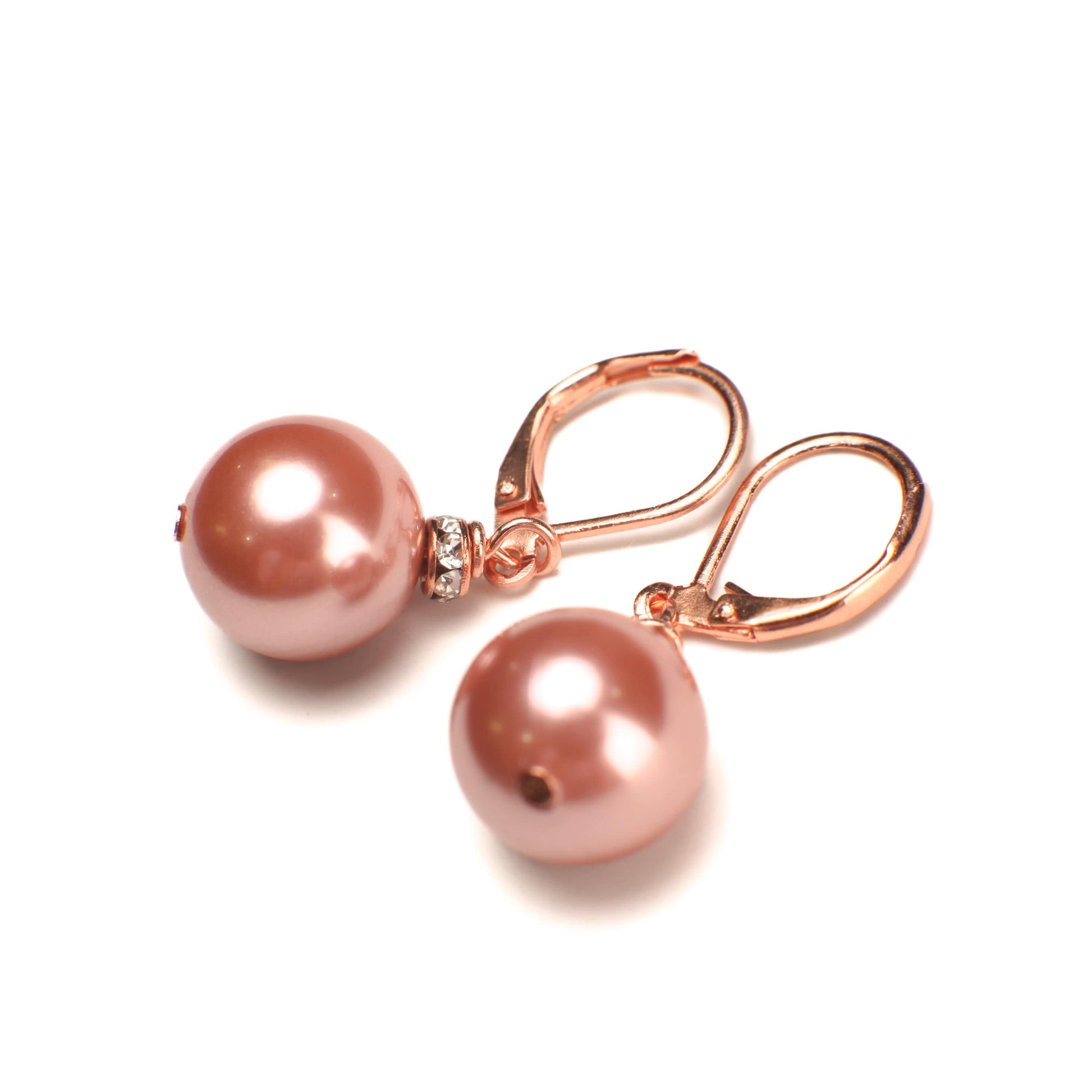 Copper Pink South Sea Shell Pearl 12mm High Luster Earrings, CZ Rhinestone Spacer, Rose Gold Leverback, Bridal, Gift for Her