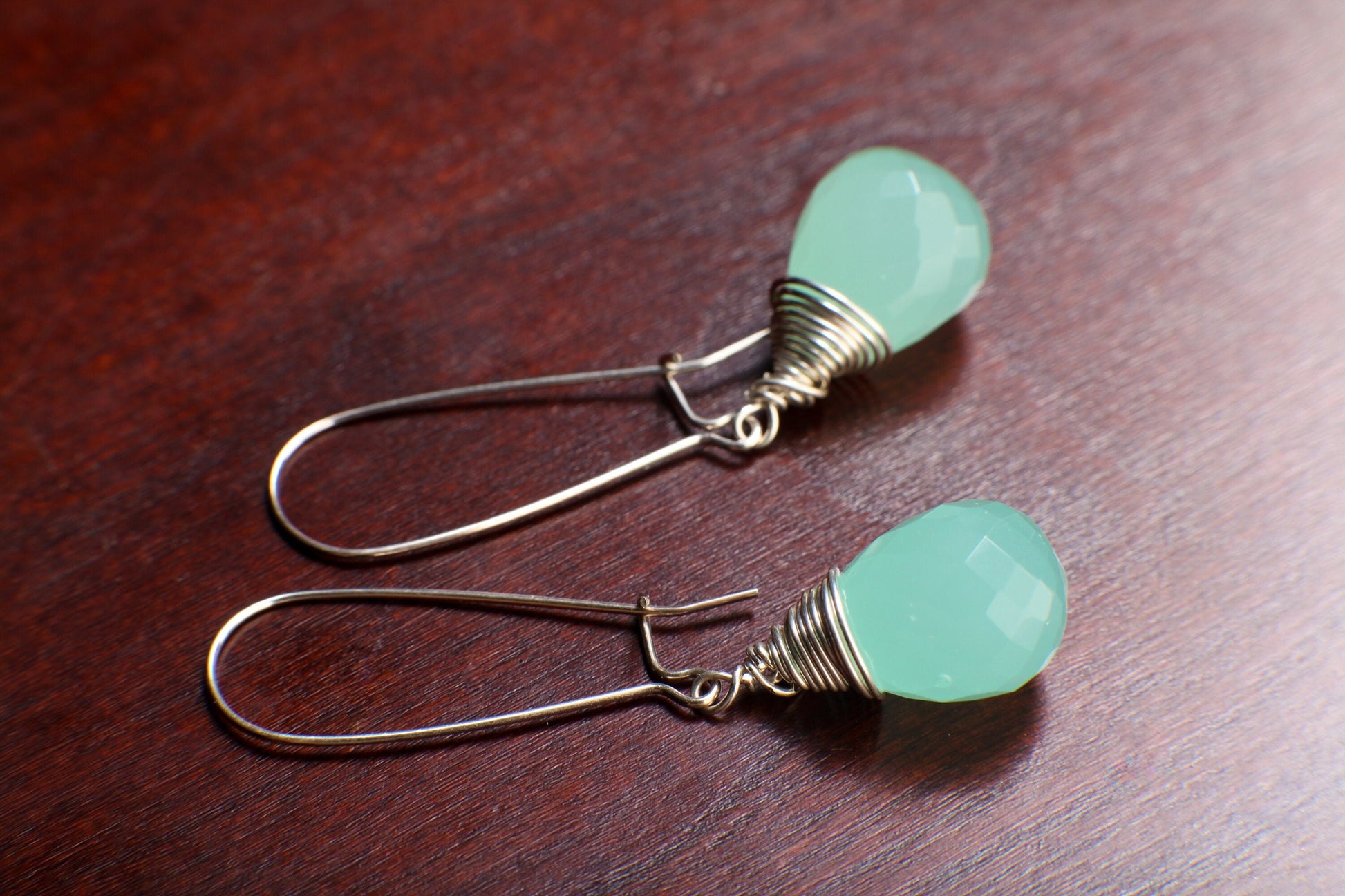 Aqua Chalcedony Faceted 11x16mm Briolette Wire Wrapped Dangling in 925 Sterling Silver 35mm Kidney Earwire or Leverback earwire Minimalist