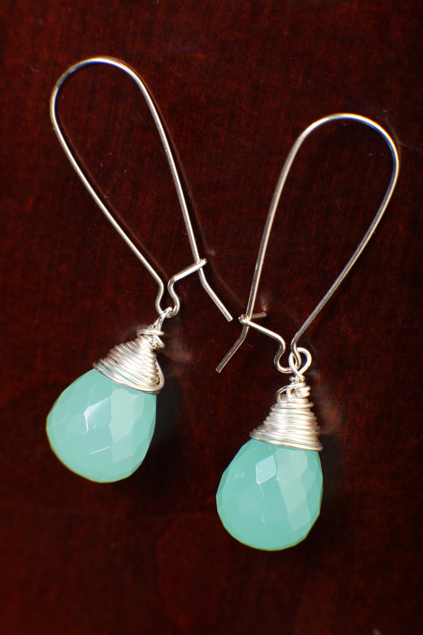 Aqua Chalcedony Faceted 11x16mm Briolette Wire Wrapped Dangling in 925 Sterling Silver 35mm Kidney Earwire or Leverback earwire Minimalist