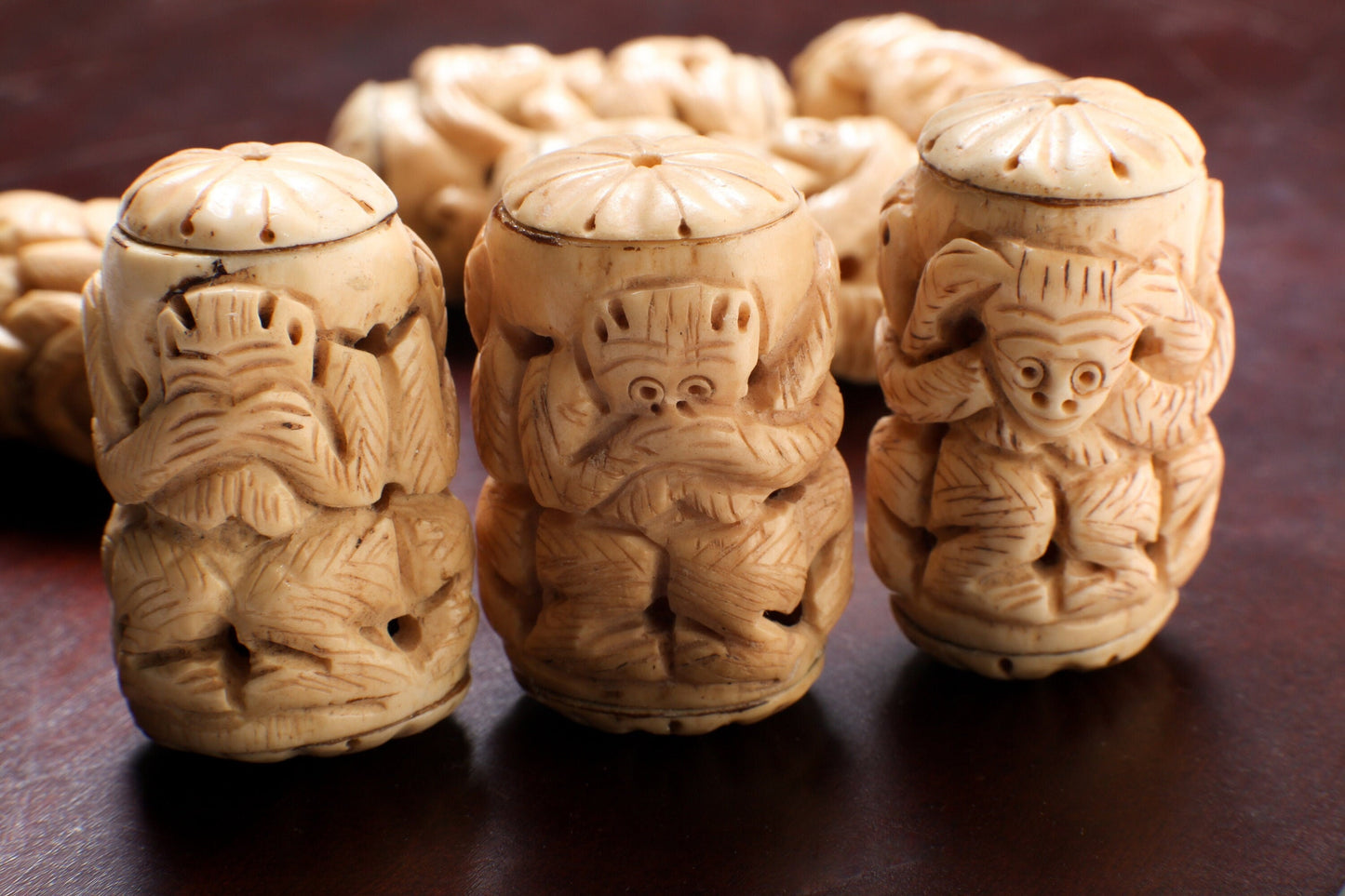 Carved Buffalo Bone Three Wise Monkeys, See No Evil, Hear No Evil, Speak No Evil, 25-30x50mm, Animal Figurine Hollow Drilled Bead, Art Deco