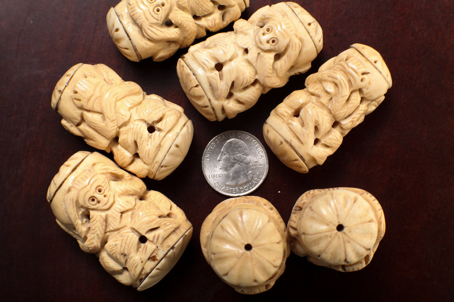 Carved Buffalo Bone Three Wise Monkeys, See No Evil, Hear No Evil, Speak No Evil, 25-30x50mm, Animal Figurine Hollow Drilled Bead, Art Deco