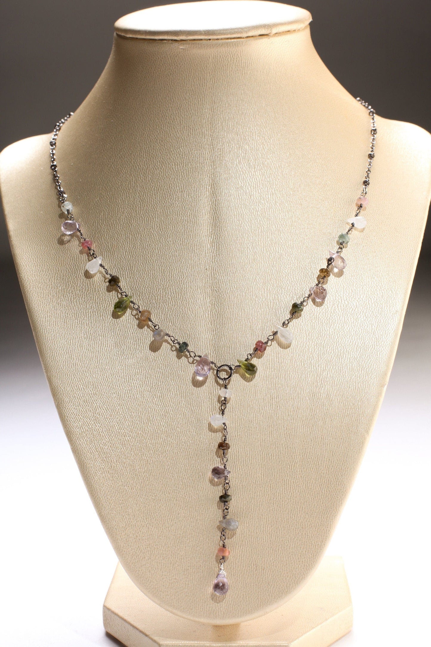 Multi Gemstone Faceted Briolette Rondelle Wire Wrapped Oxidized Silver Y Necklace, Peridot, Labradorite,Moonstone,Tourmaline, Pink Amethyst