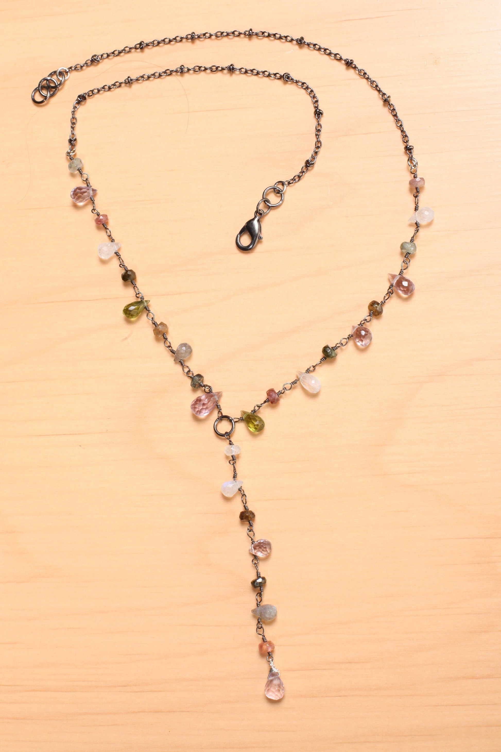 Multi Gemstone Faceted Briolette Rondelle Wire Wrapped Oxidized Silver Y Necklace, Peridot, Labradorite,Moonstone,Tourmaline, Pink Amethyst