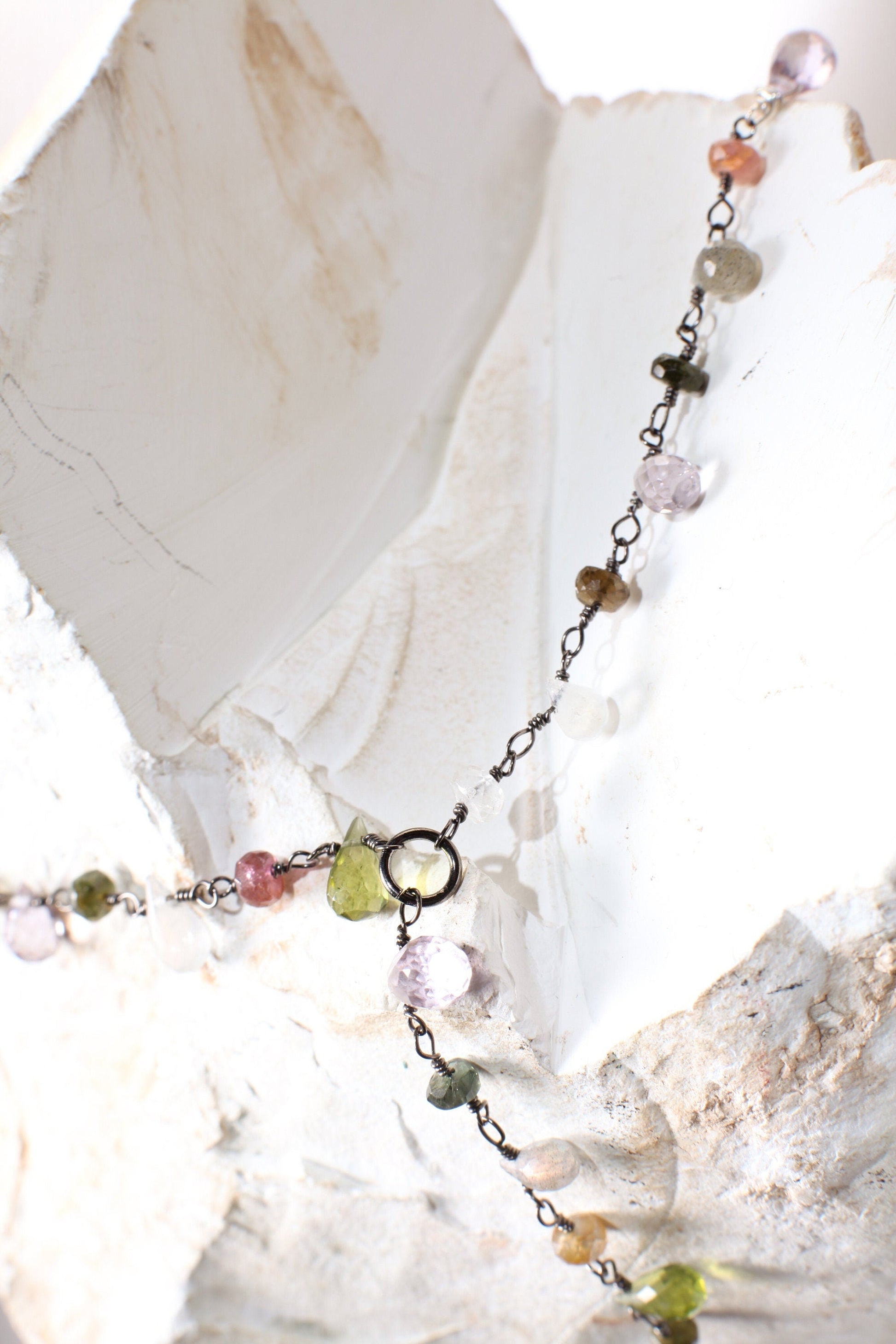 Multi Gemstone Faceted Briolette Rondelle Wire Wrapped Oxidized Silver Y Necklace, Peridot, Labradorite,Moonstone,Tourmaline, Pink Amethyst