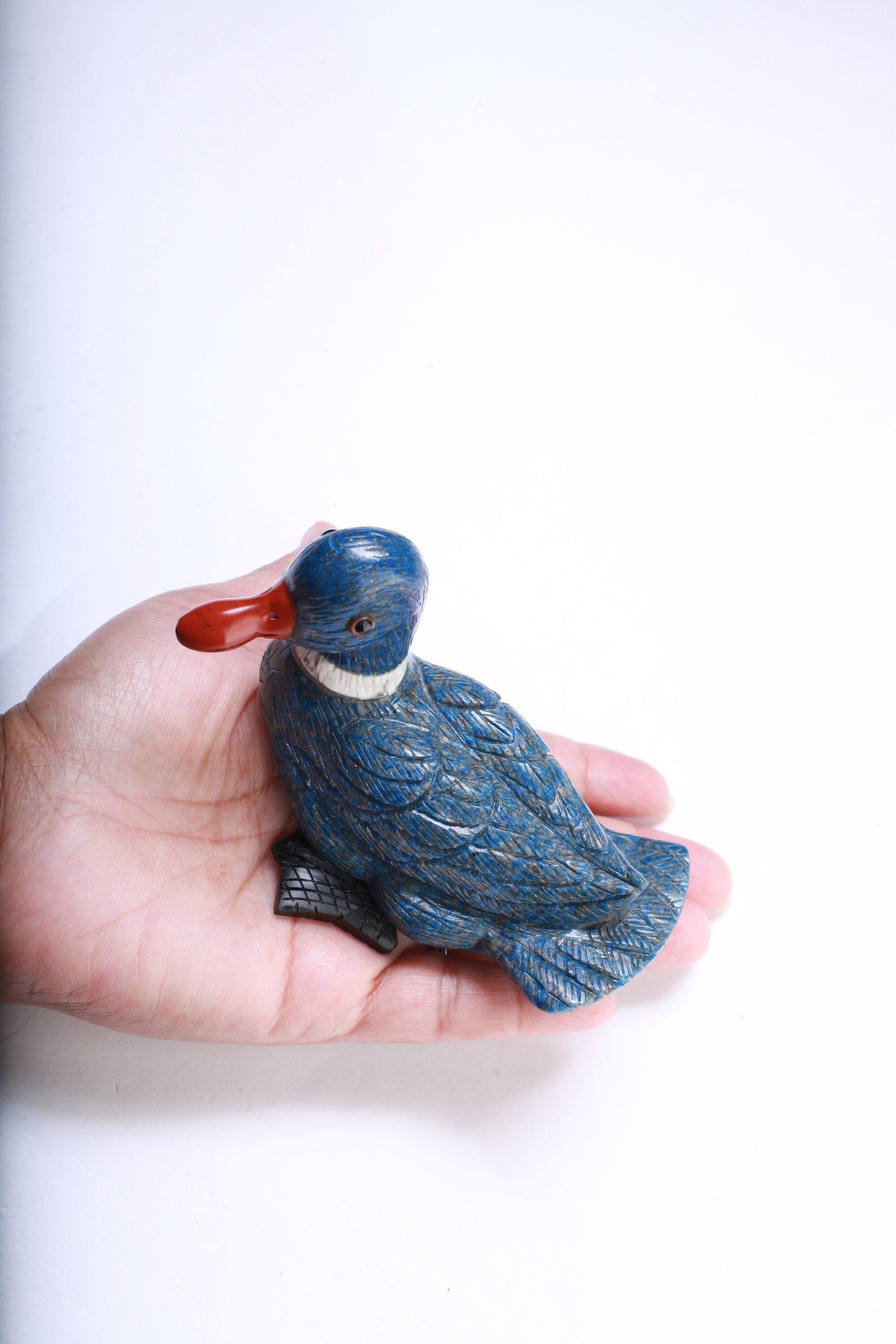 Natural Lapis Lazuli & Red Jasper, White Howlite Duck Carving Realistic Figurine Energy Healing, Home Decor