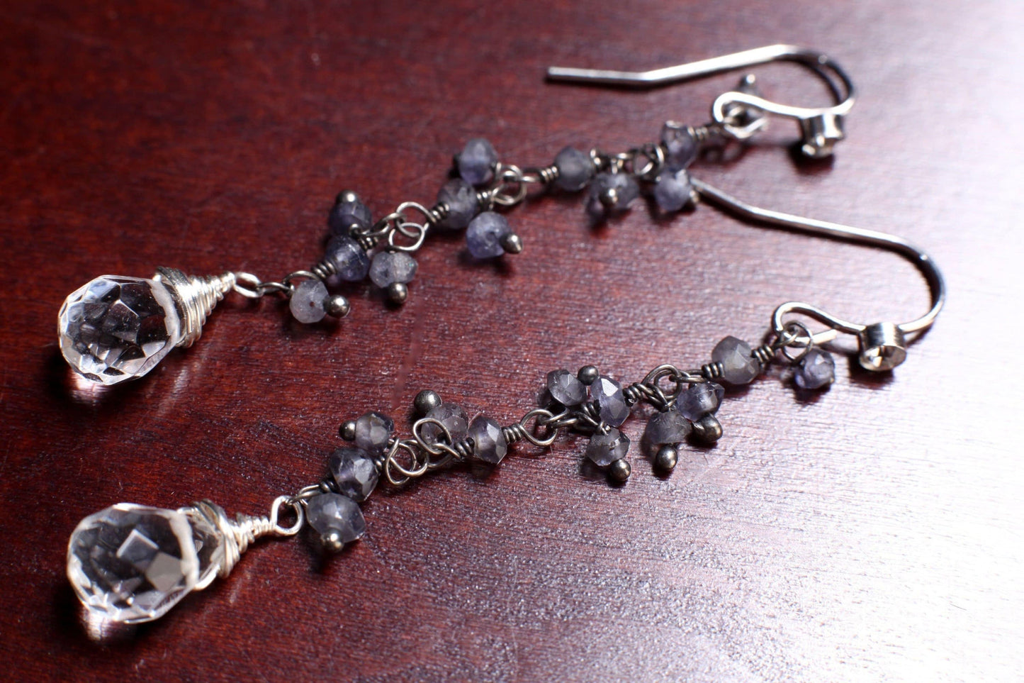 Genuine Iolite Faceted Clusters Oxidized Silver natural Rock Crystal Quartz 7x9mm Drop Wire Wrapped Dangling in CZ Rhodium Earwire Earrings