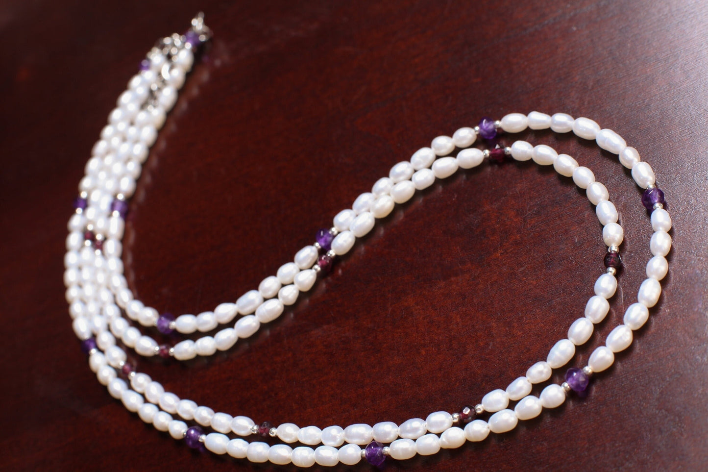 Freshwater Pearl with Genuine Amethyst or Garnet, 925 Sterling Silver spacer and Clasp Necklace, Choker, Layering, Minimalist Holiday Gift