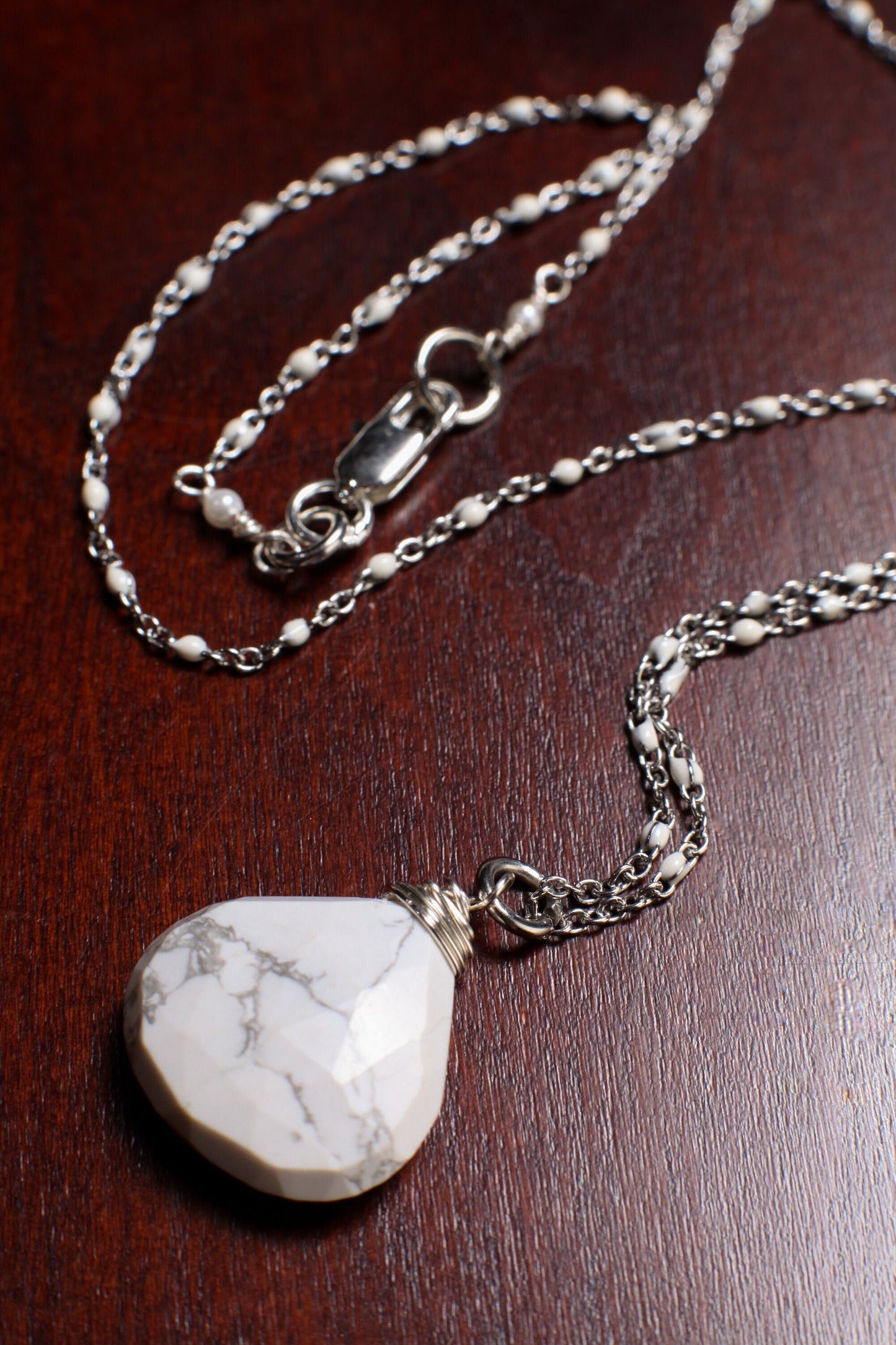 Natural White Howlite 17x21mm Wire Wrapped Heart Shape Faceted Teardrop Pendant Necklace, Matching Earrings 925 Sterling Silver Jewelry Set