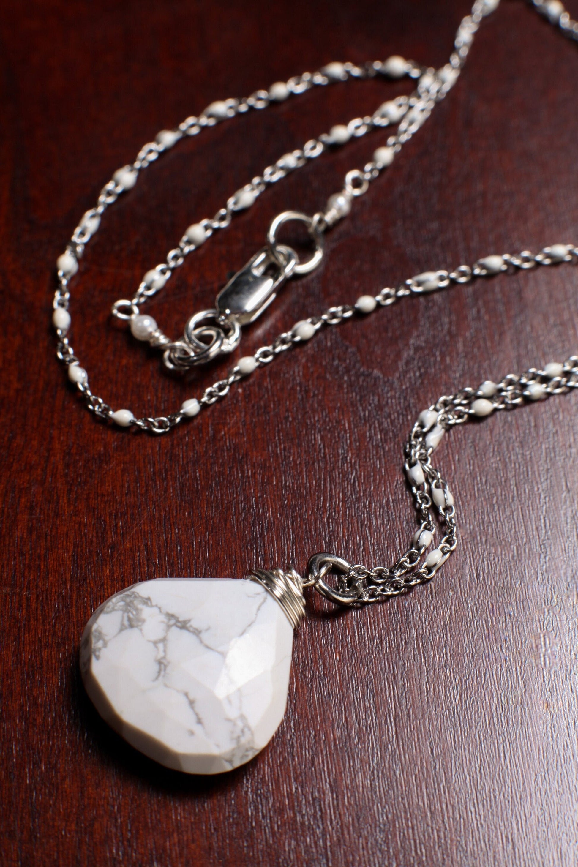 Natural White Howlite 17x21mm Wire Wrapped Heart Shape Faceted Teardrop Pendant Necklace, Matching Earrings 925 Sterling Silver Jewelry Set