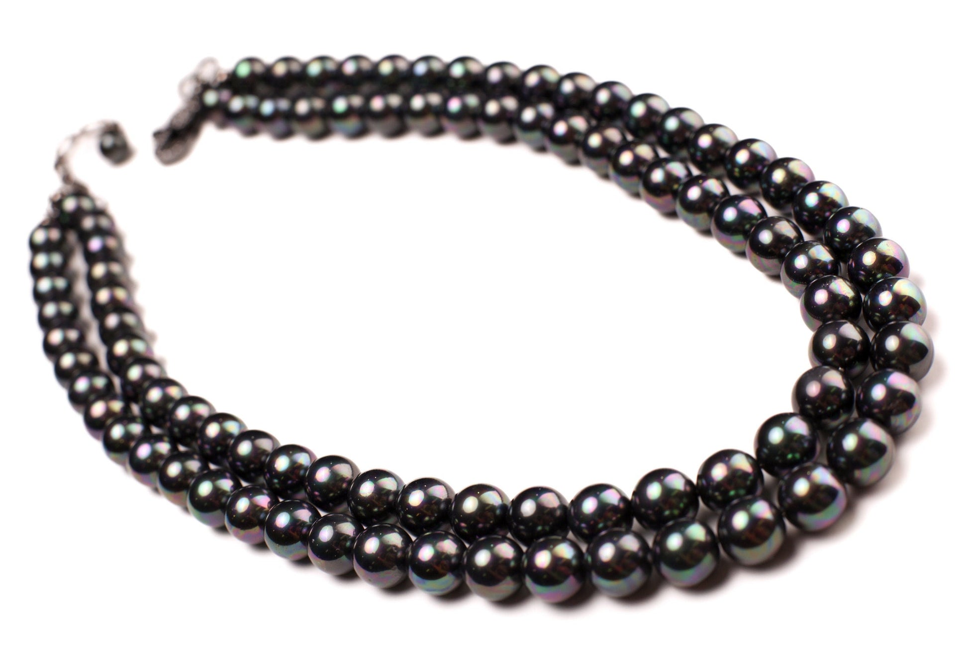 Double Layered South Sea Shell Pearl 10mm Peacock AB black Statement Necklace with CZ Diamond Clasp and 2" Extender Necklace, Elegant Gift