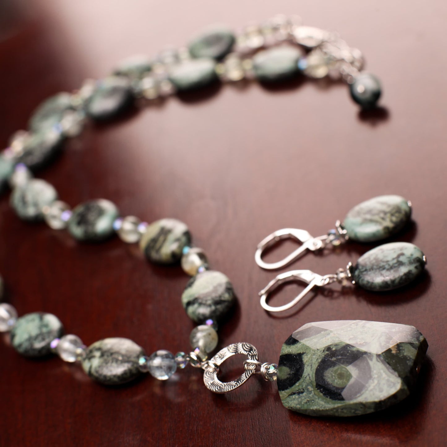 Natural Kambaba Jasper Twisted 22x30mm Pendant with African Turquoise 12x15mm Oval and Aquamarine Round Spacers 18" + 2" Extension Necklace