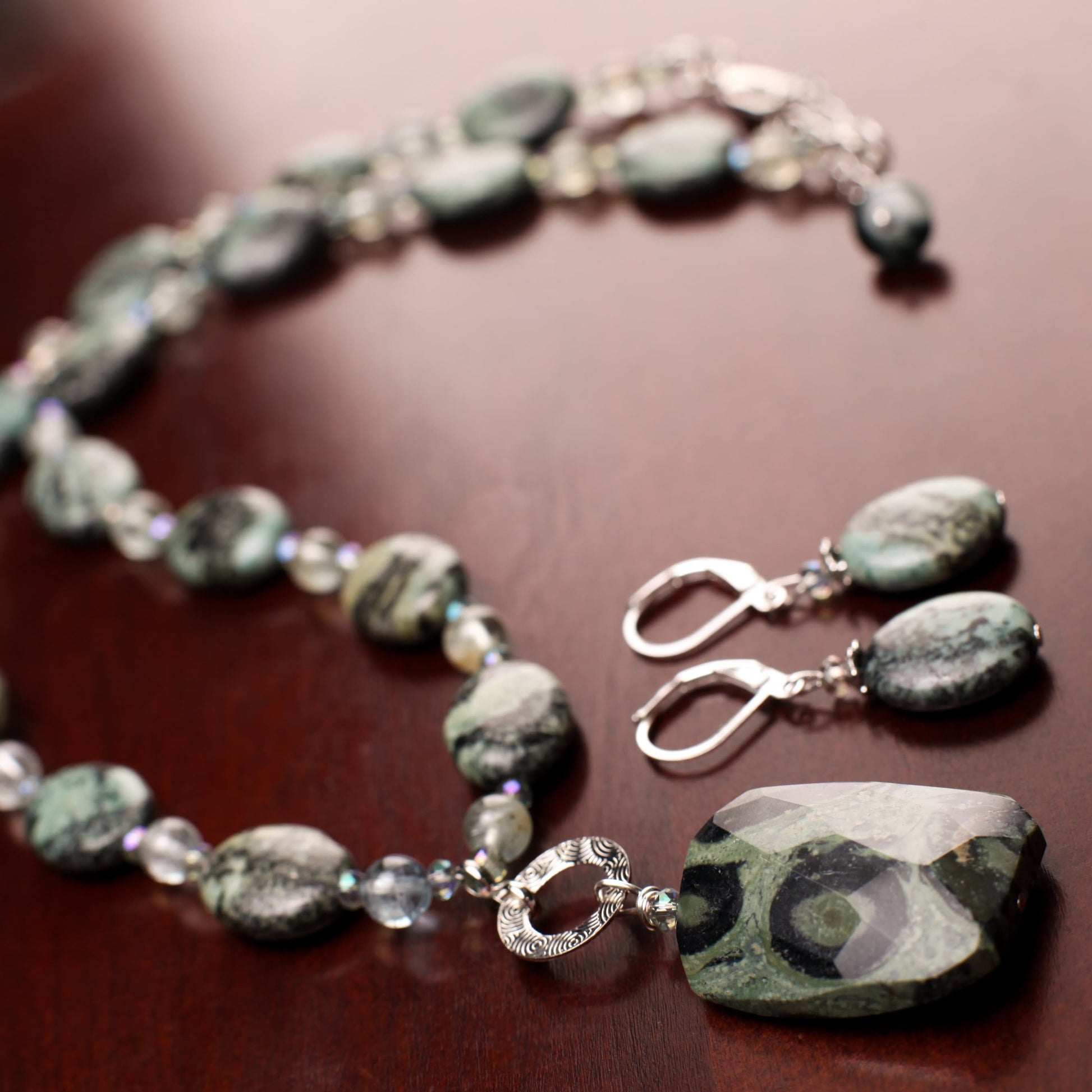 Natural Kambaba Jasper Twisted 22x30mm Pendant with African Turquoise 12x15mm Oval and Aquamarine Round Spacers 18" + 2" Extension Necklace