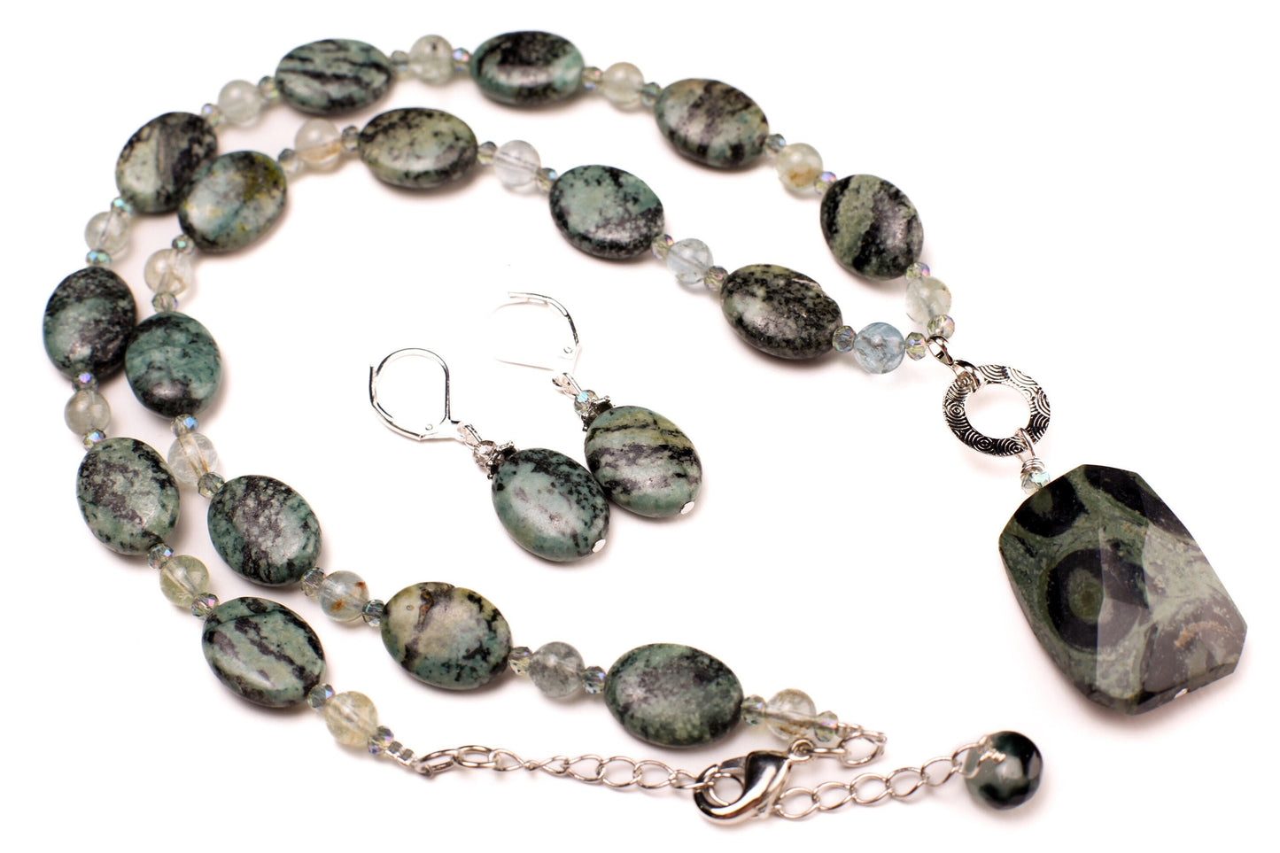 Natural Kambaba Jasper Twisted 22x30mm Pendant with African Turquoise 12x15mm Oval and Aquamarine Round Spacers 18&quot; + 2&quot; Extension Necklace
