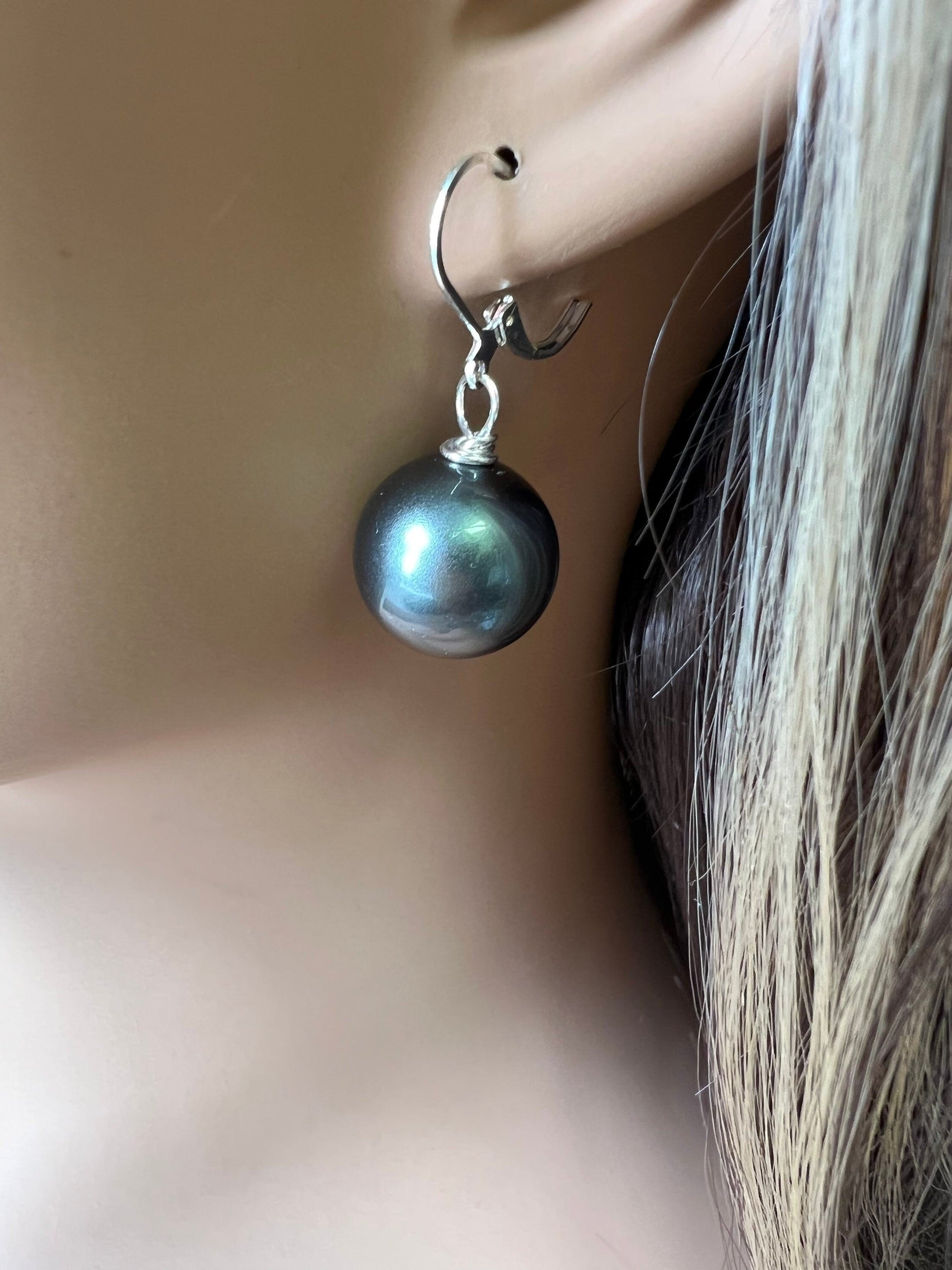 Dark Teal Green South Sea Shell Pearl 16mm high luster Leverback Earrings, Boho, Handmade Gift for Her