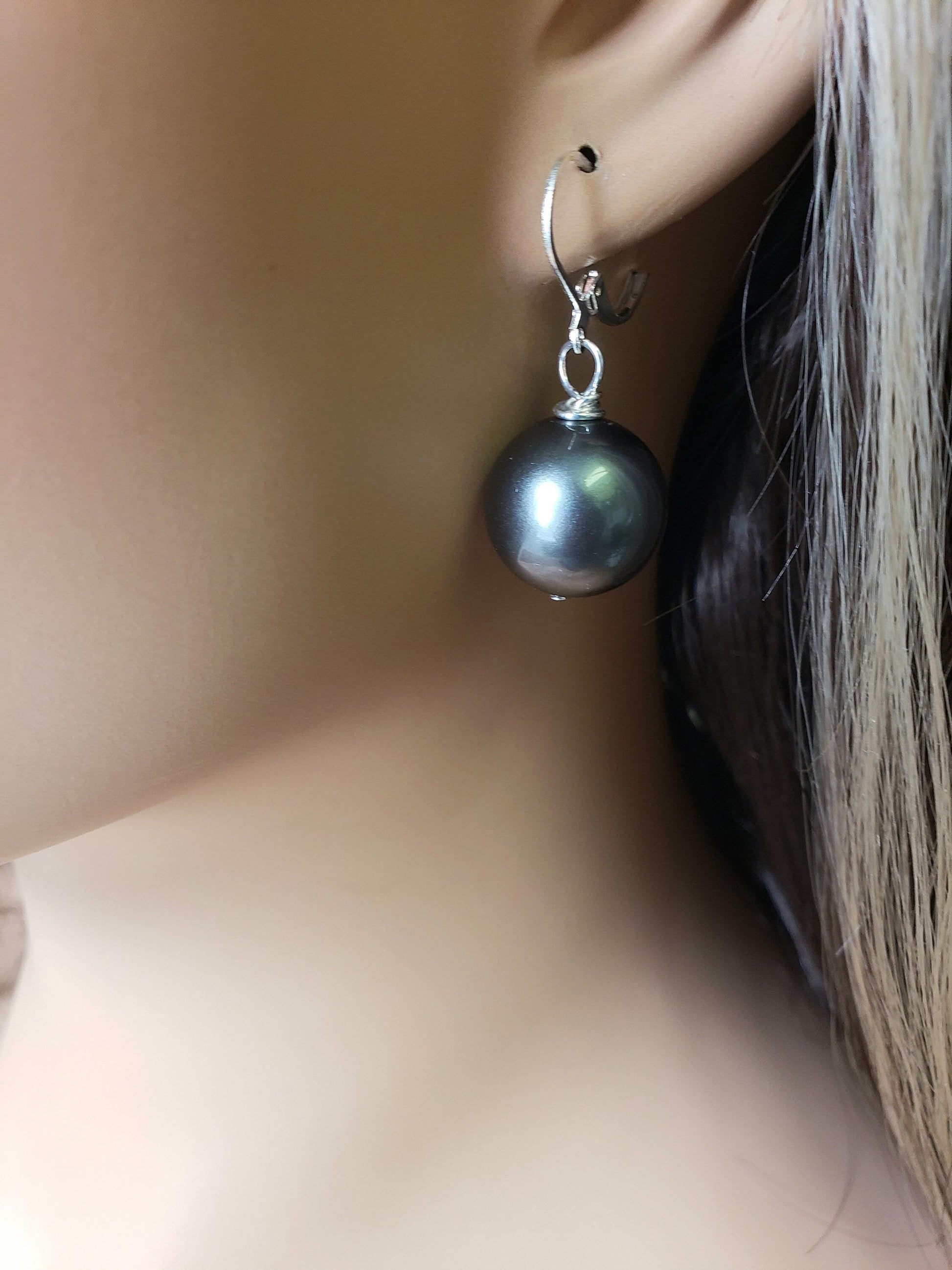 Dark Teal Green South Sea Shell Pearl 16mm high luster Leverback Earrings, Boho, Handmade Gift for Her