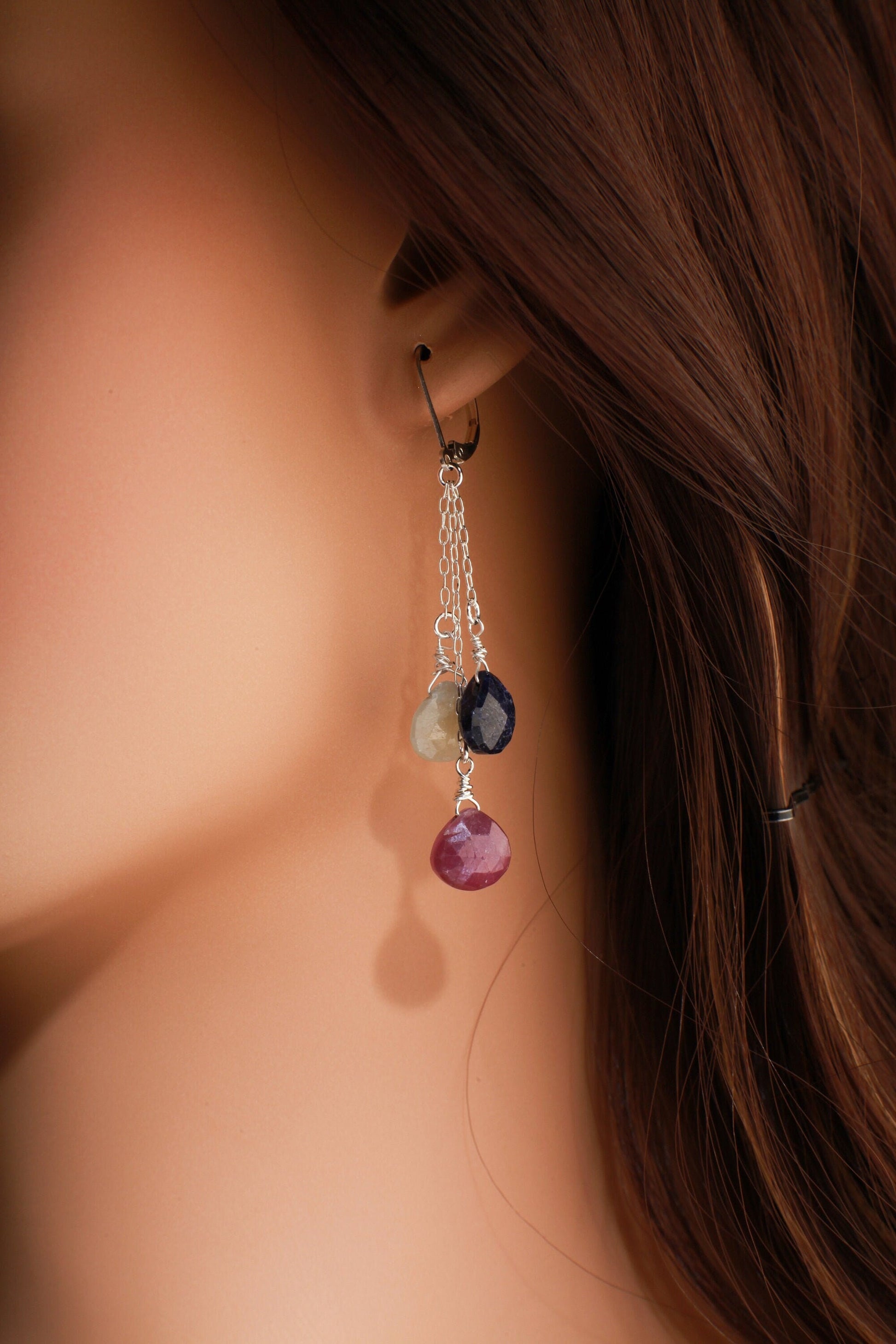 Natural Multi Sapphire Dangling Wire Wrapped Teardrop Briolette Gemstone Earring 925 Sterling Silver Chain & Earwire,Also in 14K Gold Filled