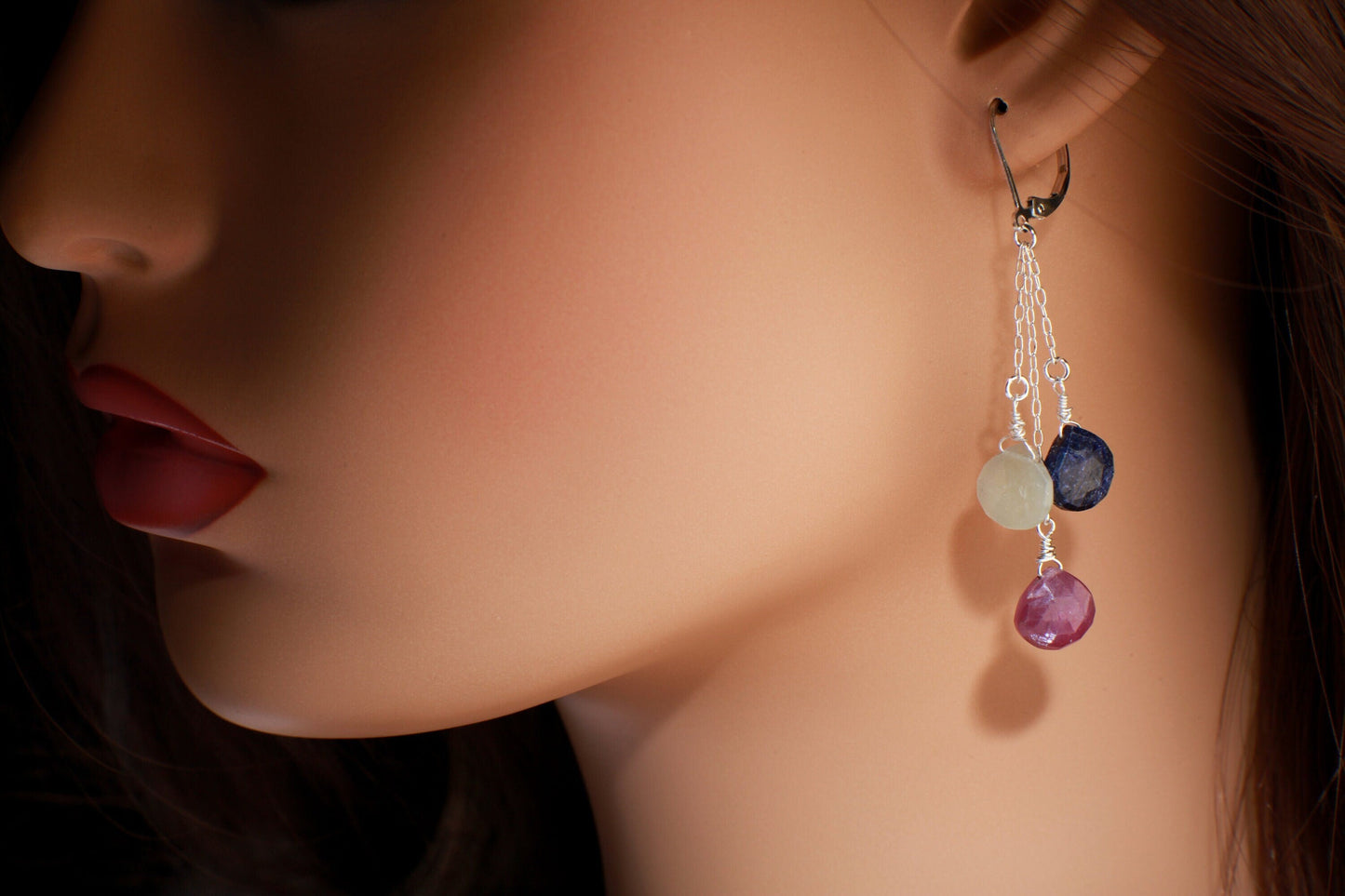 Natural Multi Sapphire Dangling Wire Wrapped Teardrop Briolette Gemstone Earring 925 Sterling Silver Chain & Earwire,Also in 14K Gold Filled