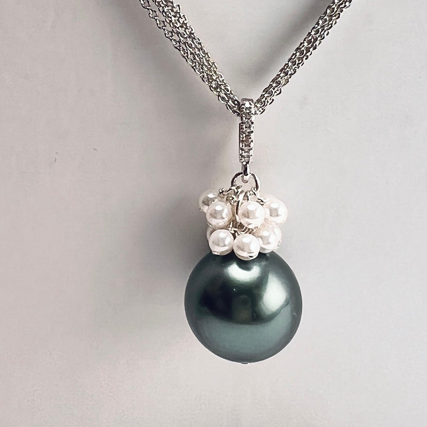 Teal Green 16mm South Sea Shell Pearl High Luster, 3mm White Freshwater Pearl Cluster, CZ Bail, 925 Sterling Silver Rhodium Finished Chain