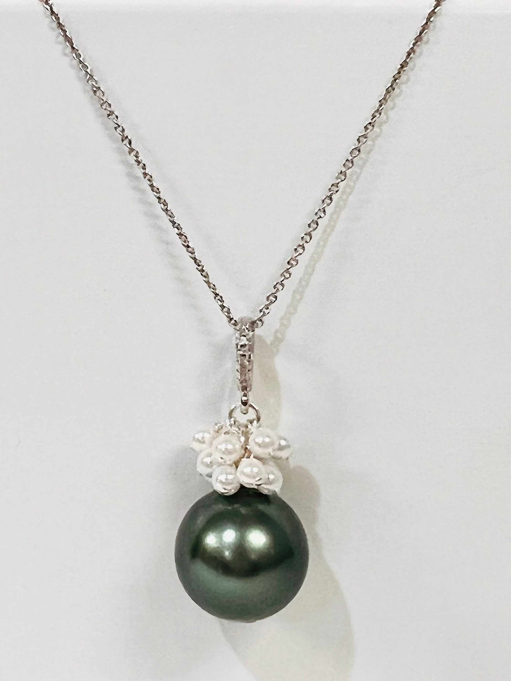 Teal Green 16mm South Sea Shell Pearl High Luster, 3mm White Freshwater Pearl Cluster, CZ Bail, 925 Sterling Silver Rhodium Finished Chain