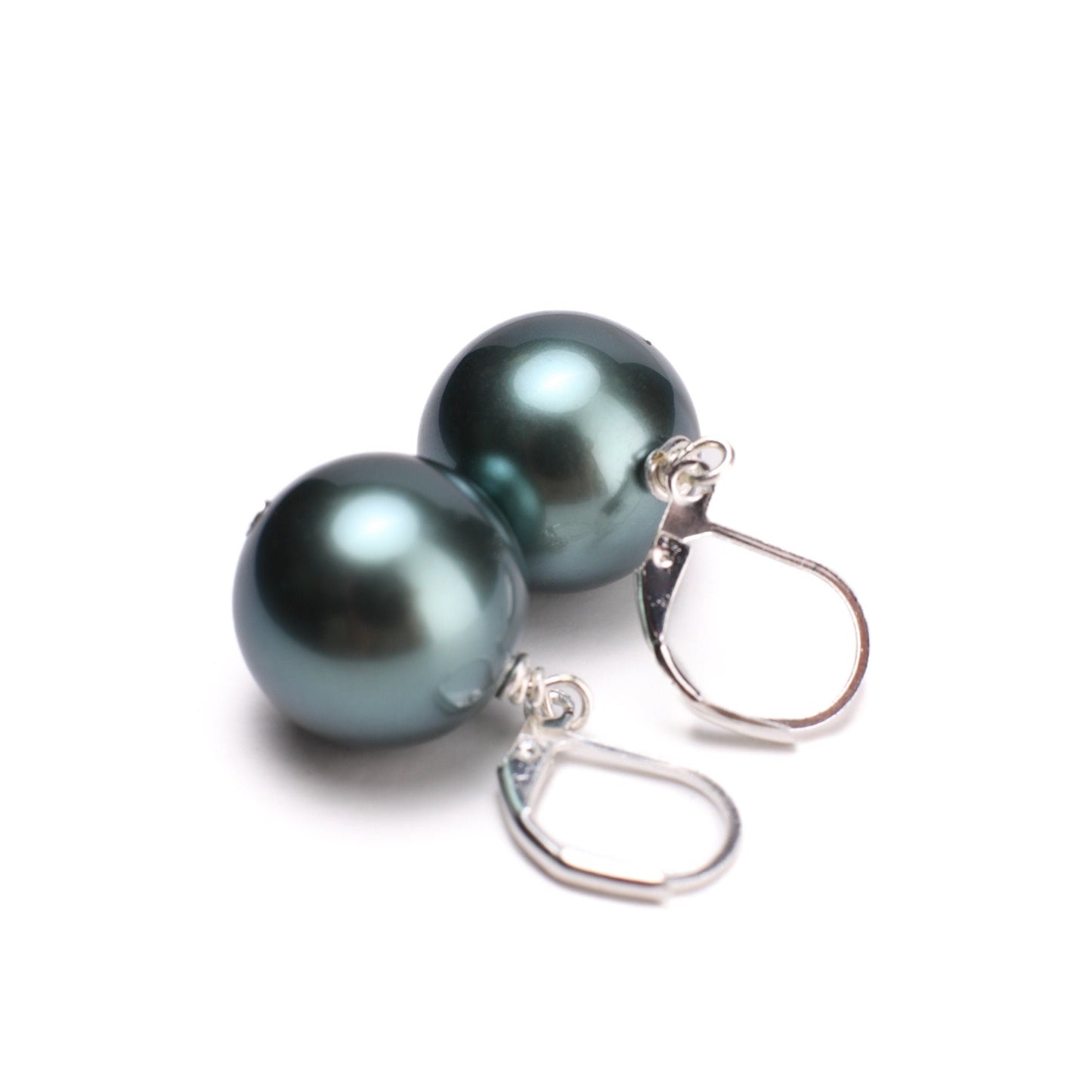 Teal Green 16mm South Sea Shell Pearl High Luster, 3mm White Freshwater Pearl Cluster, CZ Bail, 925 Sterling Silver Rhodium Finished Chain