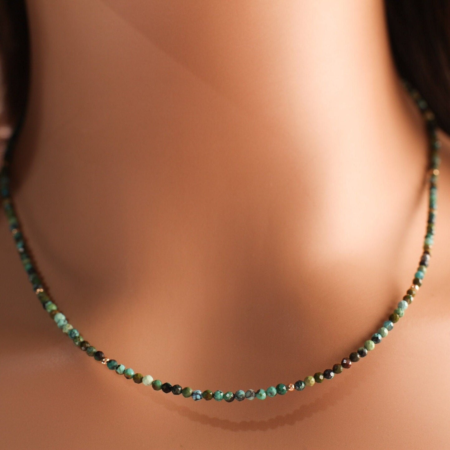 African Turquoise 2mm Faceted Round with 14k Gold Filled Spacer and Clasp Dainty Choker Layering Elegant Necklace, December Birthstone Gift