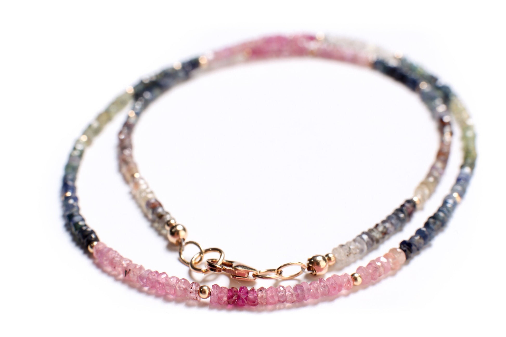 Natural Multi Sapphire Faceted 2.5-3mm Rondelle Gemstone with 14k Gold-filled Spacer and Clasp Necklace 14" to 30". Elegant gift .