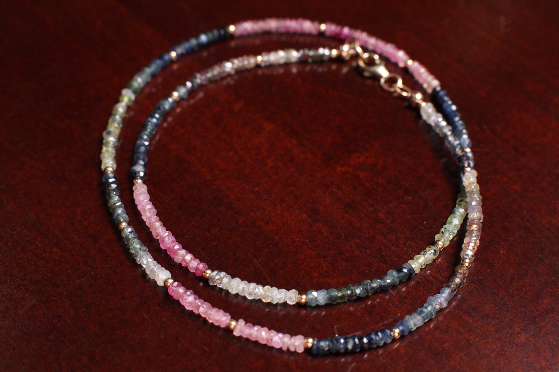 Natural Multi Sapphire Faceted 2.5-3mm Rondelle Gemstone with 14k Gold-filled Spacer and Clasp Necklace 14" to 30". Elegant gift .