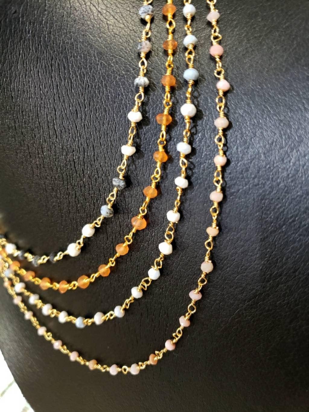 Opal Beaded Chain,Dendritic Opal, Carnelian orange, Blue Andean Boulder Opal,Pink Peruvian opal 3mm beaded gold, Wire Wrapped Necklace