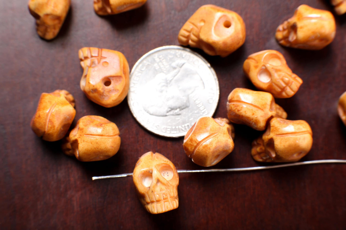 Carved Buffalo Bone Hand Craved Skull, Polished Bead Charm, Halloween Art Deco