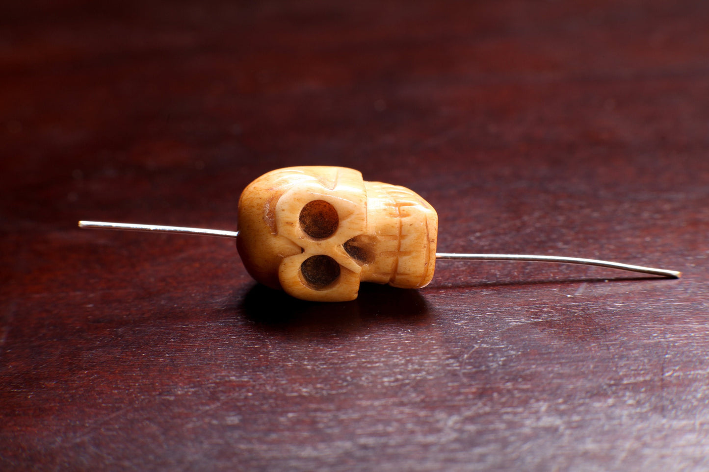 Carved Buffalo Bone Hand Craved Skull, Polished Bead Charm, Halloween Art Deco