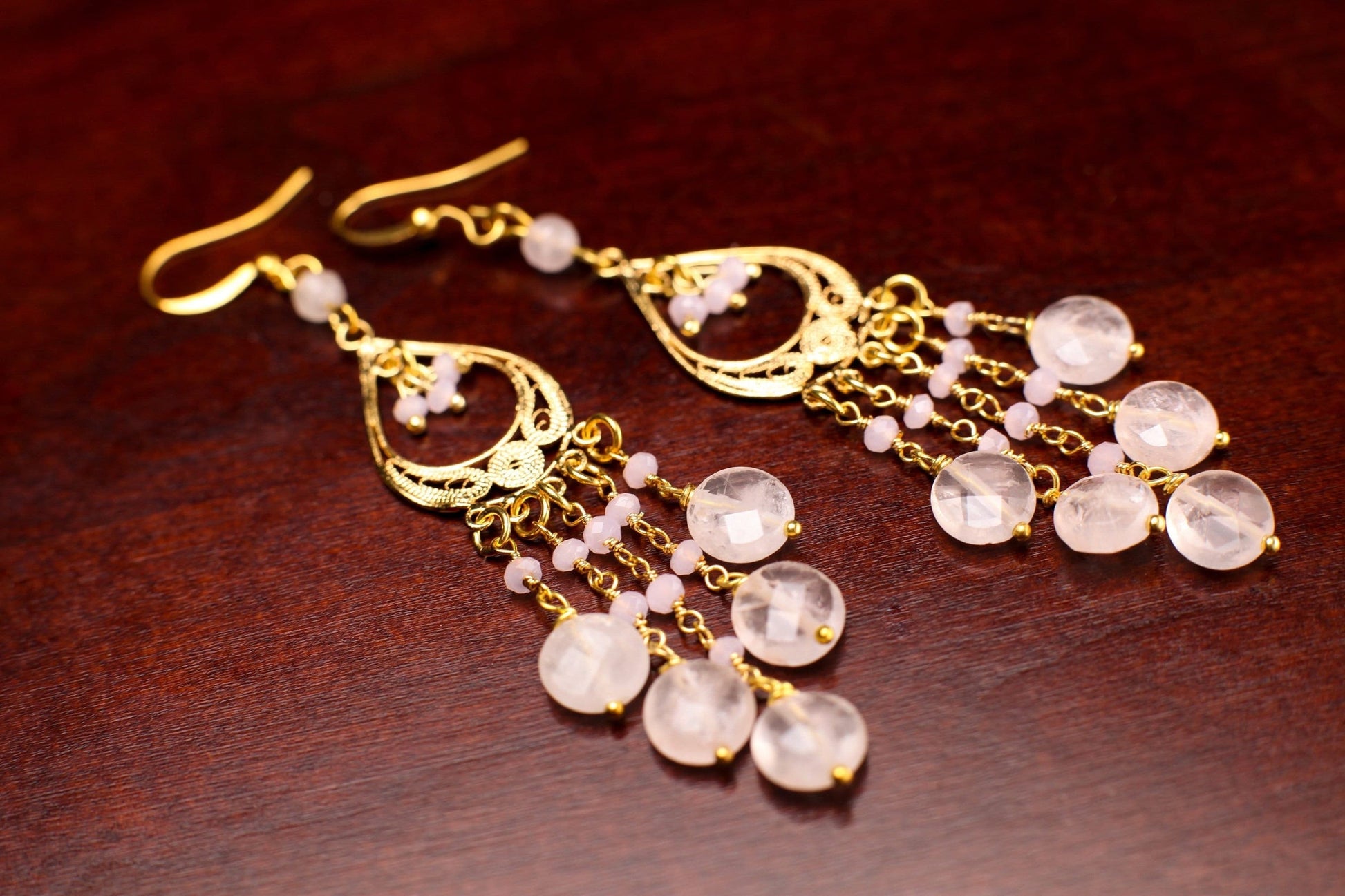 Brazilian Rose Quartz Faceted Coin 8mm Handmade Chandelier Wire Wrapped Dangling Earrings in Gold Vermeil Over 925 Sterling Silver Earwire