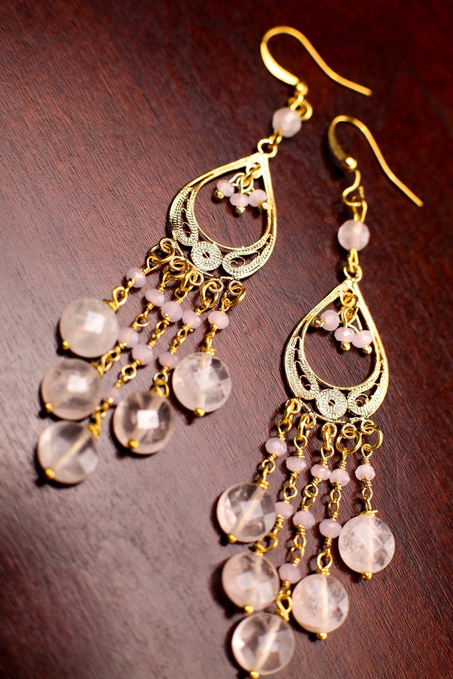 Brazilian Rose Quartz Faceted Coin 8mm Handmade Chandelier Wire Wrapped Dangling Earrings in Gold Vermeil Over 925 Sterling Silver Earwire