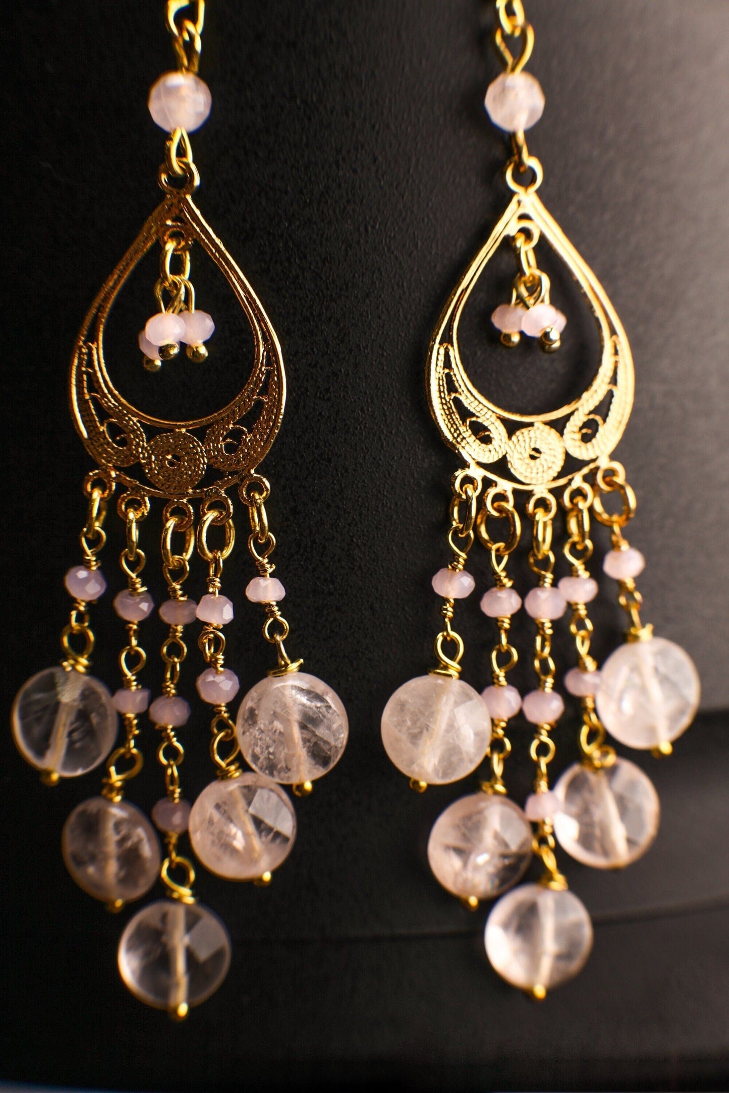 Brazilian Rose Quartz Faceted Coin 8mm Handmade Chandelier Wire Wrapped Dangling Earrings in Gold Vermeil Over 925 Sterling Silver Earwire