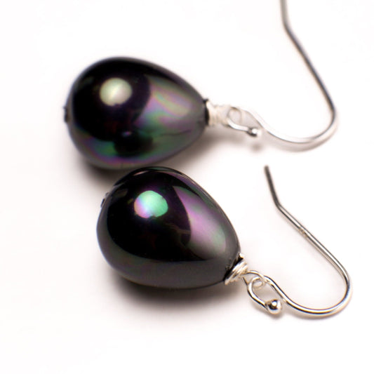 South Sea Shell Pearl 12x15mm Peacock Black High Luster Briolette 925 Sterling Silver, 14k Gold Filled Leverback Earrings, Elegant ,Bridal