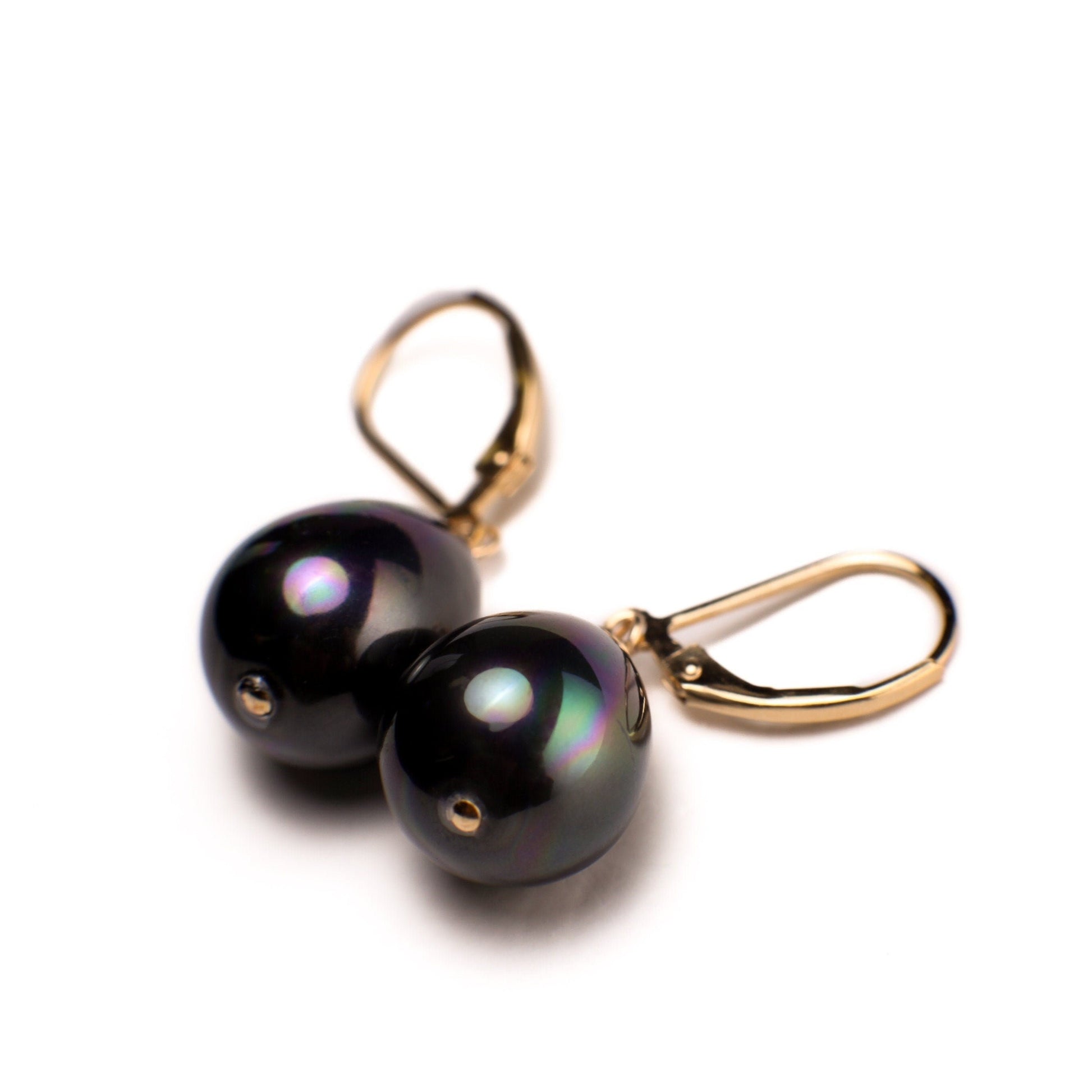 South Sea Shell Pearl 12x15mm Peacock Black High Luster Briolette 925 Sterling Silver, 14k Gold Filled Leverback Earrings, Elegant ,Bridal