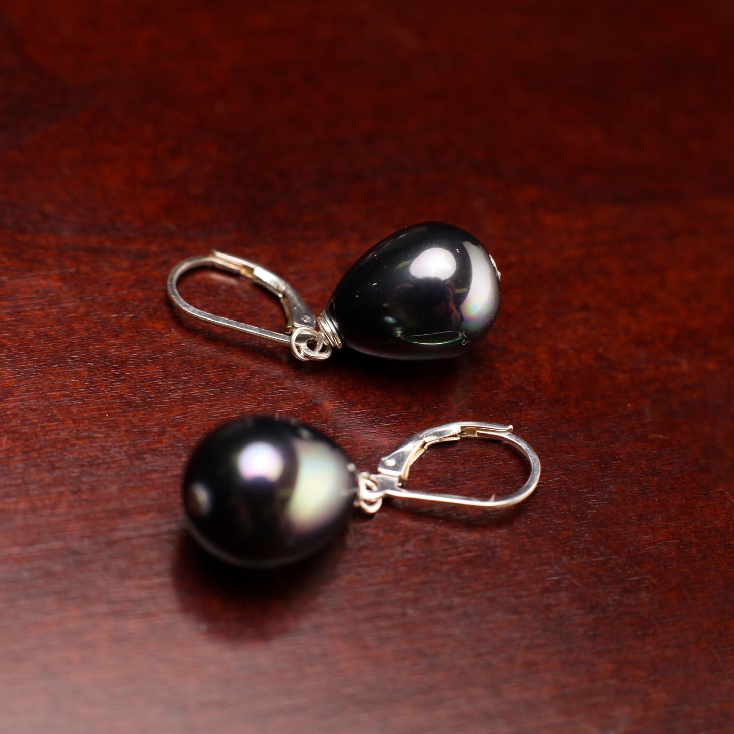 South Sea Shell Pearl 12x15mm Peacock Black High Luster Briolette 925 Sterling Silver, 14k Gold Filled Leverback Earrings, Elegant ,Bridal