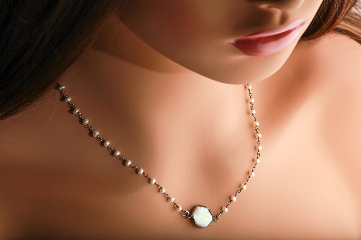 Genuine Freshwater Pearl Silver Oxidized Bezel with Matching Gemstone Beaded Extension Chain