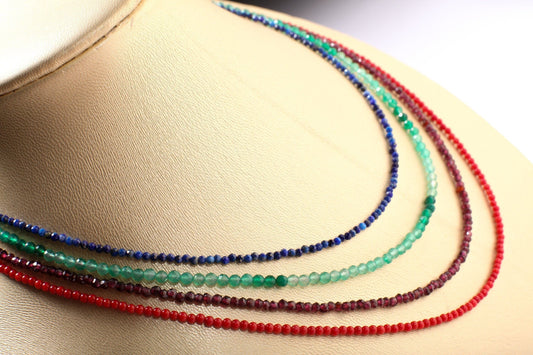 2-3mm Faceted Lapis Lazuli, Green Onyx, Garnet, Bamboo Coral Layering Choker 925 Sterling Silver Necklace, Precious Gemstone