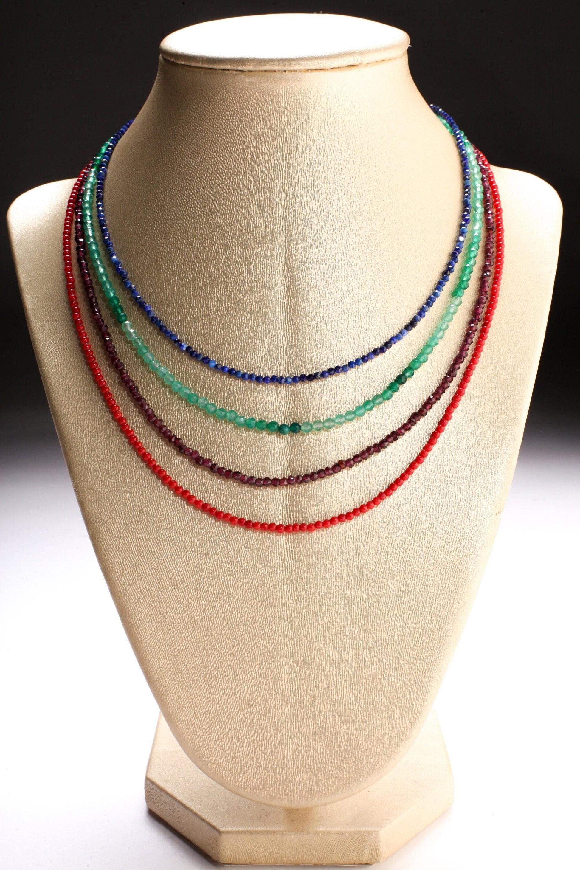 2-3mm Faceted Lapis Lazuli, Green Onyx, Garnet, Bamboo Coral Layering Choker 925 Sterling Silver Necklace, Precious Gemstone