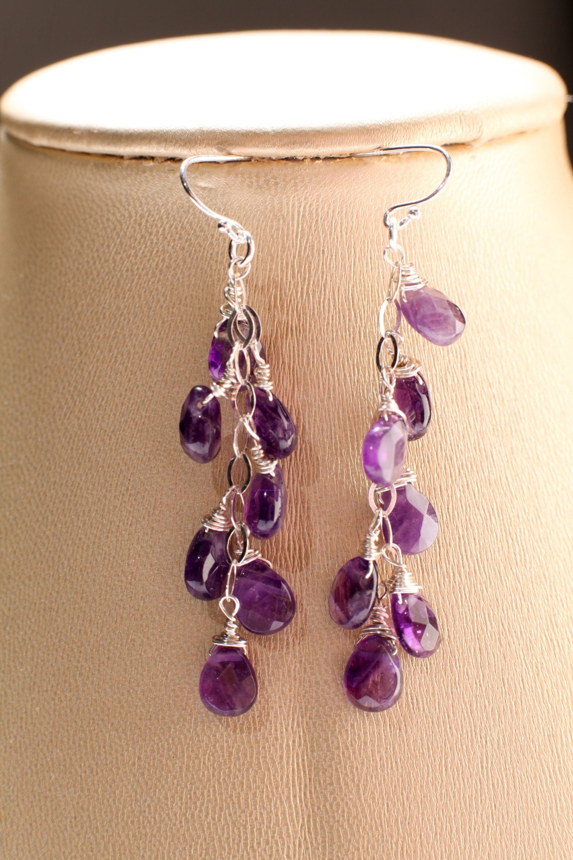 Natural Brazilian Amethyst Cascade Drop Earrings, 925 Sterling Silver,7x9mm Wire Wrapped Teardrop Dangling Earwire, Minimalist, Gift For her