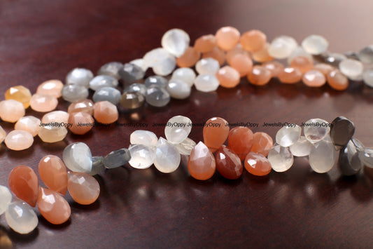 Natural Multi-Moonstone Faceted Pear Drop, Heart Shape Teardrop Jewelry Making Gemstone Beads 1 full strand