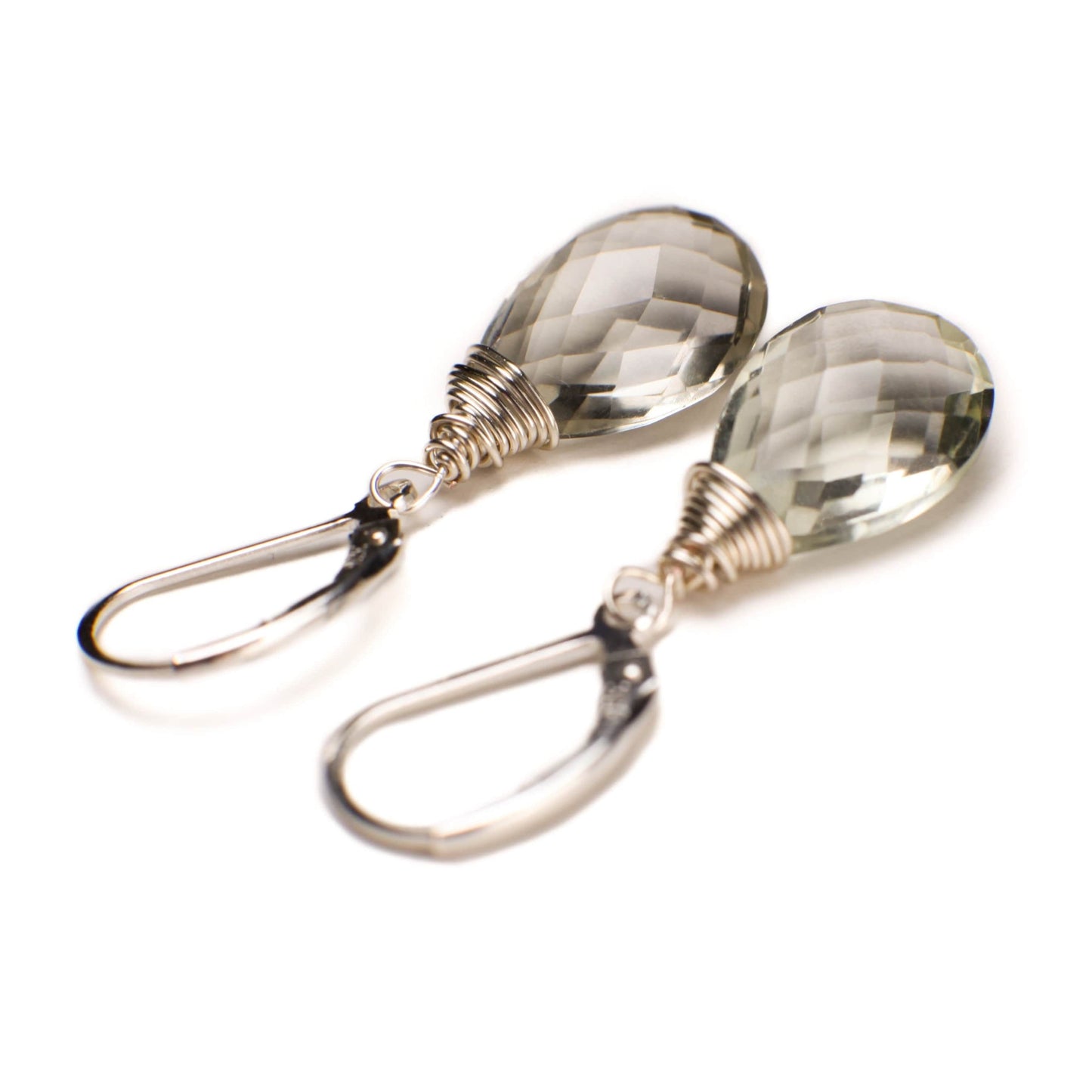 Green Amethyst,Genuine Prasiolite Faceted Teardrop, cut gemstone Wire Wrapped Earrings, 12x16mm drop in 925 Sterling Silver,14k goldfilled