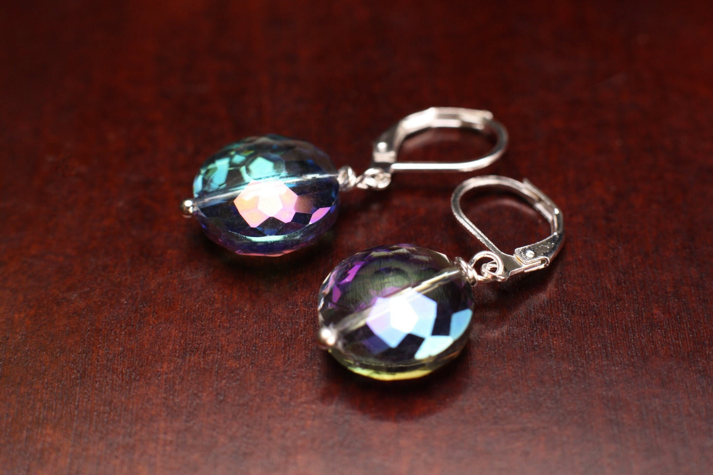 Purple AB Rainbow 14mm Disk Aurora borealies Swarovski Crystal Leverback Earrings, Valentine Gift