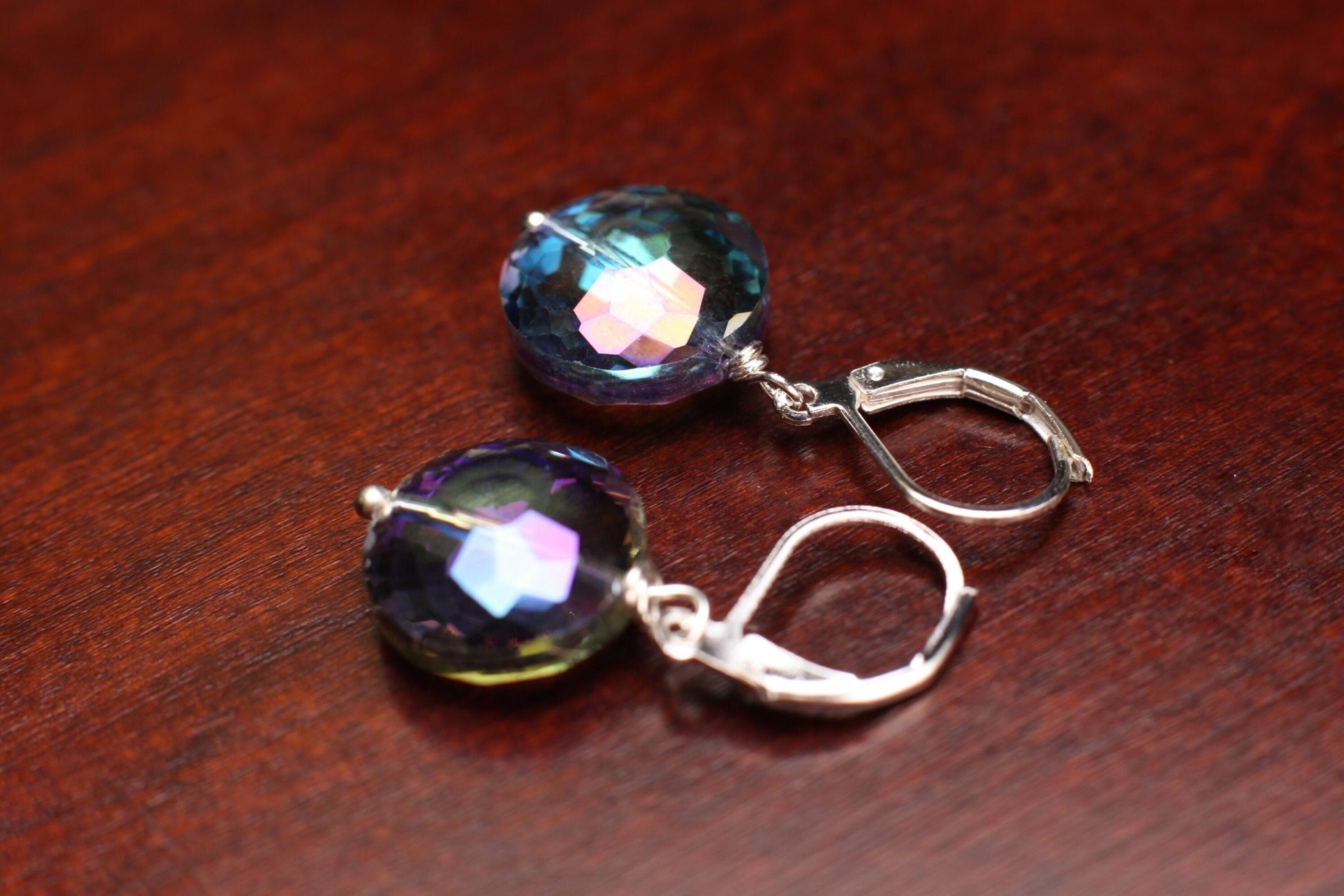 Purple AB Rainbow 14mm Disk Aurora borealies Swarovski Crystal Leverback Earrings, Valentine Gift