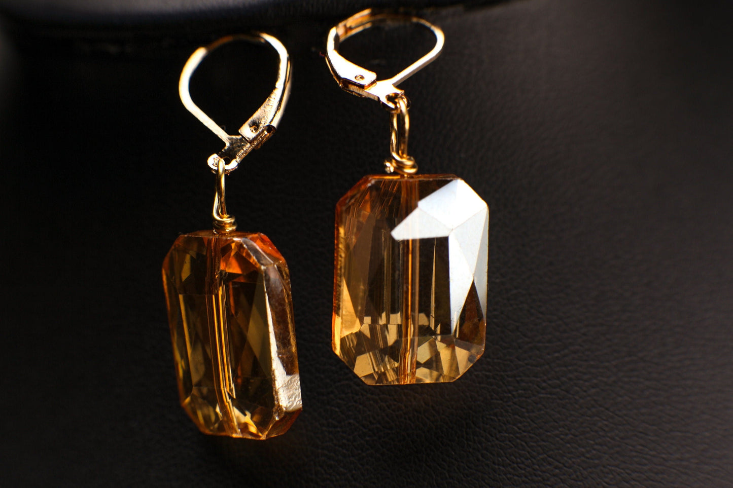 Yellow Topaz color Faceted Pillow Shape Czech Crystal 13x18mm Gold Leverback Dangling Earrings, Valentine Gift