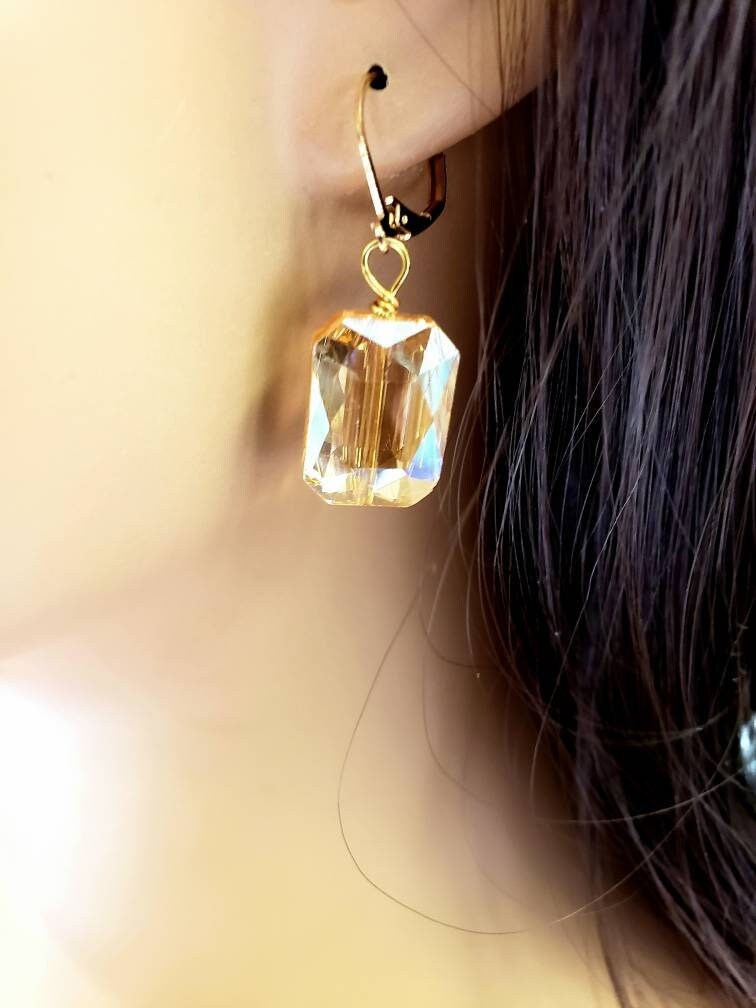 Yellow Topaz color Faceted Pillow Shape Czech Crystal 13x18mm Gold Leverback Dangling Earrings, Valentine Gift