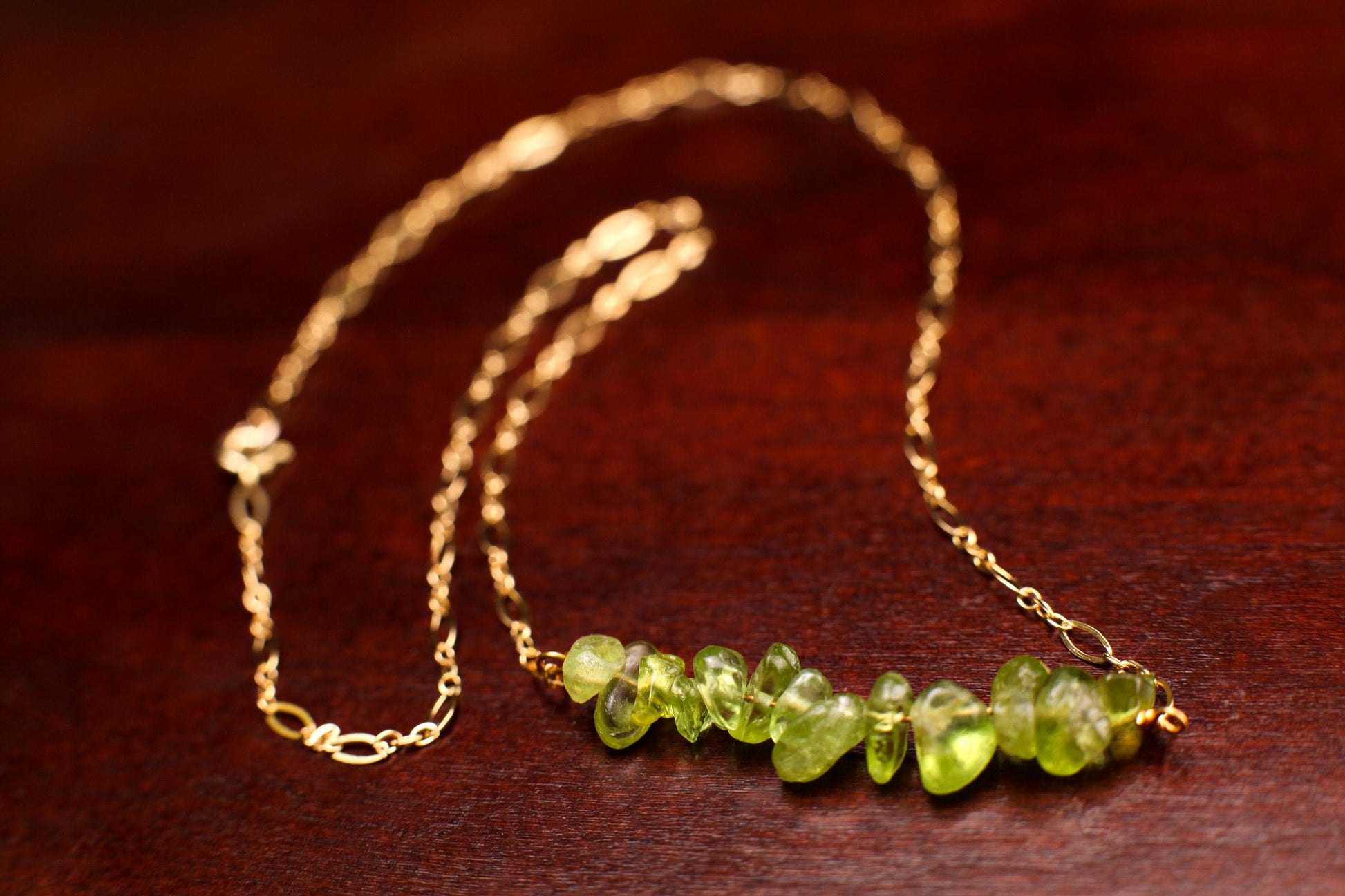 Natural Peridot 5-9mm Freeform Nugget, 14K Gold Filled, 925 Sterling Silver Bar Necklace, Healing Crystal, Chakra, August Birthstone