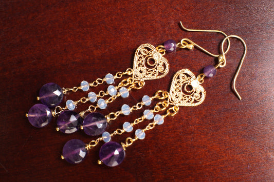 Natural Amethyst dangling Filigree Chandelier Heart,Faceted Opalite Spacers wire wrapped Gold Earrings, Handmade Gift for Her,